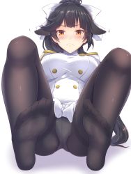 Rule 34 | 1girl, absurdres, animal ears, azur lane, black hair, black pantyhose, blush, bow, breasts, brown eyes, closed mouth, embarrassed, feet, feet up, gloves, hair bow, hair flaps, highres, jacket, knees up, koumei (twinameless), large breasts, long hair, looking at viewer, military, military uniform, multiple girls, panties, panties under pantyhose, pantyhose, pleated skirt, ponytail, ribbon, simple background, skirt, soles, solo, sweat, takao (azur lane), thighband pantyhose, toes, underwear, uniform, very long hair, white background, white bow, white jacket, white panties, white skirt