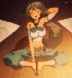 Rule 34 | 10s, animal ears, brown hair, dog ears, dog tail, drawing, elbia hernaiman, closed eyes, feet, feet together, highres, jewelry, lots of jewelry, outbreak company, paper, sandals, screencap, short hair, solo, tail, wooden floor