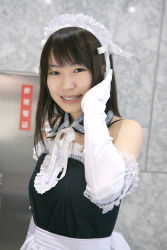 Rule 34 | 1girl, apron, asian, azumo yuiko, bare shoulders, cosplay, detached collar, elbow gloves, gloves, highres, indoors, japanese (nationality), kore ga watashi no goshujin-sama, kurauchi anna, looking at viewer, maid, maid apron, maid headdress, nakabayashi yoshitaka&#039;s maid uniform, photo (medium), ribbon, solo, upper body, white gloves
