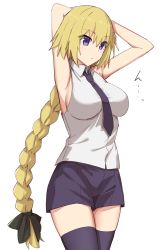 Rule 34 | 1girl, armpits, arms behind head, arms up, blonde hair, blush, braid, breasts, closed mouth, collared shirt, elfenlied22, fate/apocrypha, fate (series), highres, jeanne d&#039;arc (fate), jeanne d&#039;arc (girl from orleans) (fate), jeanne d&#039;arc (ruler) (fate), large breasts, long braid, long hair, necktie, purple eyes, shirt, shorts, simple background, single braid, sleeveless, sleeveless shirt, solo, thighhighs, very long hair, white background, white shirt