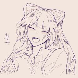 Rule 34 | +++, 1girl, :d, absurdres, blunt bangs, bow, closed eyes, fujiwara no mokou, grey background, hair bow, happy, highres, long hair, open mouth, shirt, simple background, smile, solo, somei ooo, touhou, upper body, white bow