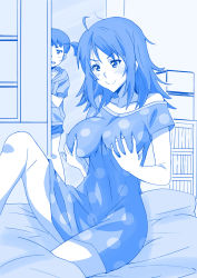 Rule 34 | &gt;:), 2girls, ahoge, alternate hair length, alternate hairstyle, blanket, blue theme, blush, breasts, collarbone, commentary request, futon, getsuyoubi no tawawa, grin, groping, hood, hoodie, indoors, kimi no na wa., knee up, large breasts, looking at another, looking down, messy hair, miyamizu mitsuha, miyamizu yotsuha, monochrome, multiple girls, off shoulder, open mouth, parody, peeking out, ponpon, scene reference, grabbing own breast, short shorts, short twintails, shorts, sleepwear, sliding doors, smile, solo focus, style parody, sweatdrop, twintails, v-shaped eyebrows, waking up
