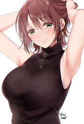 Rule 34 | 1girl, absurdres, adjusting hair, armpits, arms up, black sweater, blush, breasts, character request, chromatic aberration, copyright request, gen (enji), highres, large breasts, looking at viewer, ribbed sweater, simple background, sleeveless, sleeveless sweater, solo, sweater, twitter username, upper body, white background