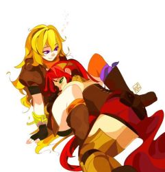 Rule 34 | 2girls, armor, artist request, ass, bag, belt, between legs, blonde hair, blush, boots, brown jacket, closed mouth, couple, ember celica (rwby), facing another, fingerless gloves, full body, gauntlets, gloves, green eyes, hair between eyes, half-closed eyes, happy, heart, high ponytail, hug, jacket, legs together, long hair, looking at another, looking down, lying, lying on lap, lying on person, multiple girls, on lap, on person, on stomach, orange scarf, pants, ponytail, purple eyes, purple ribbon, pyrrha nikos, red hair, red skirt, ribbon, rwby, scarf, short sleeves, shorts, simple background, sitting, skirt, smile, spread legs, thighhighs, tiara, very long hair, weapon, white background, yang xiao long, yuri
