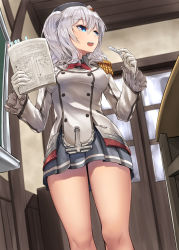 Rule 34 | 1girl, bad anatomy, bad face, beret, black hat, blue eyes, chalk, chalkboard, collarbone, epaulettes, feet out of frame, gloves, grey shirt, grey skirt, hat, highres, holding, holding chalk, jacket, kantai collection, kashima (kancolle), kerchief, long hair, long sleeves, open mouth, pleated skirt, red neckwear, shirt, silver hair, skirt, solo, twintails, white gloves, white jacket, zombie mogura