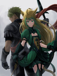 Rule 34 | 1boy, 1girl, absurdres, achilles (fate), animal ears, armor, atalanta (fate), blonde hair, bow (weapon), cat ears, fate/apocrypha, fate (series), green eyes, green hair, highres, holding, holding weapon, manly, mukade (siieregannsu), multicolored hair, polearm, spear, thighhighs, two-tone hair, weapon