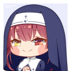 Rule 34 | 1girl, artist name, blue dress, blush stickers, breasts, chibi, closed mouth, cross print, dress, fpsmoe, habit, hands up, heart, heart print, heterochromia, hololive, houshou marine, houshou marine (nun), interlocked fingers, large breasts, long hair, looking at viewer, nun, red eyes, red hair, simple background, smile, solo, upper body, virtual youtuber, yellow eyes