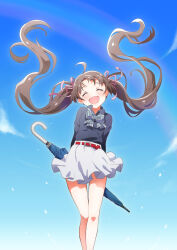 Rule 34 | 1girl, :d, ^ ^, ahoge, arms behind back, belt, black shirt, blue sky, blue umbrella, blush, bow, bowtie, breasts, brown hair, closed eyes, cloud, collared shirt, commentary request, day, facing viewer, feet out of frame, floating hair, goma konbu, hair ribbon, hakozaki serika, head tilt, highres, holding, holding umbrella, idolmaster, idolmaster million live!, long hair, long sleeves, miniskirt, open mouth, outdoors, pink ribbon, plaid, plaid bow, plaid bowtie, rainbow, raised eyebrows, red belt, ribbon, shirt, shirt tucked in, skirt, sky, small breasts, smile, solo, splashing, standing, thigh gap, thighs, twintails, umbrella, very long hair, water drop, white bow, white bowtie, white skirt