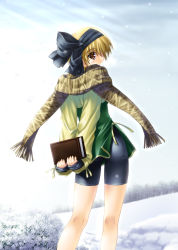 Rule 34 | bike shorts, blonde hair, book, from behind, hairband, looking back, red eyes, scarf, short hair, snow, snow (game), solo, standing, tachibana meiko