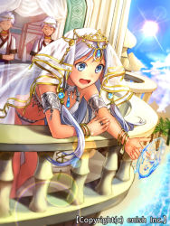 Rule 34 | 1girl, 2boys, arabian clothes, armlet, bad id, bad pixiv id, balcony, beach, blue eyes, bracelet, character request, day, dragon tactics, dutch angle, ichinose777, jewelry, lens flare, long hair, multiple boys, navel, necklace, official art, open mouth, outdoors, palm tree, ring, short hair, sky, solo focus, sun, tree, water