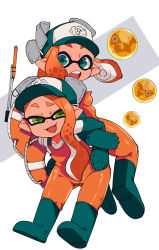 Rule 34 | 2girls, :d, :o, blue eyes, boots, elbow gloves, full body, gloves, green eyes, half-closed eyes, hat, inkling, inkling girl, inkling player character, lifebuoy, looking at viewer, multiple girls, nintendo, open mouth, orange hair, overalls, pointy ears, rubber boots, rubber gloves, sakurai energy, salmon run (splatoon), simple background, smile, smug, splat charger (splatoon), splatoon (series), splatoon 2, swim ring, teeth, tentacle hair, weapon, white background