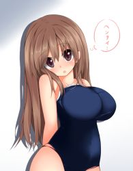 Rule 34 | 1girl, :o, arms behind back, bare shoulders, blush, breasts, brown hair, collarbone, competition school swimsuit, covered navel, denpaken pochi, head tilt, large breasts, long hair, looking at viewer, one-piece swimsuit, original, purple eyes, school swimsuit, solo, swimsuit, taut clothes, taut swimsuit
