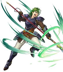 Rule 34 | 1boy, armor, belt, boots, fire emblem, fire emblem: the blazing blade, fire emblem heroes, full body, gloves, green eyes, green hair, heath (fire emblem), highres, long hair, male focus, multicolored hair, nintendo, official art, open mouth, polearm, solo, spear, teeth, transparent background, two-tone hair, weapon, white hair
