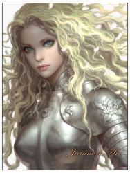 Rule 34 | 1girl, armor, bad id, bad pixiv id, blonde hair, blue eyes, breastplate, character name, eyebrows, eyelashes, jeanne d&#039;arc, kilart, level-5, lips, long hair, looking at viewer, nose, petals, portrait, real life, realistic, solo, wavy hair