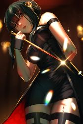Rule 34 | 1girl, absurdres, bare shoulders, barley juice, black dress, black hair, blood, bloody weapon, breasts, dagger, dress, earrings, gloves, hair between eyes, hair ornament, hairband, highres, holding, holding weapon, jewelry, knife, large breasts, long hair, red eyes, sidelocks, solo, spy x family, two-sided dress, two-sided fabric, weapon, yor briar