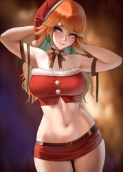 Rule 34 | 1girl, absurdres, arms behind head, arms up, bell, belt, blurry, blurry background, blush, breasts, choker, christmas, closed mouth, cowboy shot, crop top, earrings, fur trim, green hair, hat, head tilt, highres, hololive, hololive english, jewelry, large breasts, lazik 1337, long hair, looking at viewer, miniskirt, multicolored hair, navel, orange hair, red hat, red skirt, santa costume, santa hat, skirt, sleeveless, smile, solo, stomach, strapless, takanashi kiara, twitter username, virtual youtuber, wide hips, yellow eyes