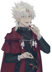 Rule 34 | 1boy, amakusa shirou (fate), brown eyes, cape, closed mouth, commentary request, cross, cross necklace, cross print, dark-skinned male, dark skin, earrings, fate/apocrypha, fate/grand order, fate (series), food, fruit, highres, holding, holding food, holding fruit, jewelry, light smile, long sleeves, looking at viewer, male focus, mutsu (621300), necklace, open mouth, parted bangs, priest, red cape, short hair, simple background, smile, solo, spiked hair, stole, tassel, upper body, white background, white hair, yellow eyes