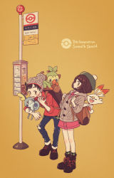 Rule 34 | 1boy, 1girl, backpack, bag, beanie, bob cut, boots, brown bag, brown eyes, brown footwear, brown hair, buttons, cable knit, cardigan, collared dress, commentary request, copyright name, creatures (company), denim, dress, game freak, gen 8 pokemon, gloria (pokemon), green headwear, green legwear, grey cardigan, grey headwear, grookey, hat, highres, holding, holding pokemon, hooded cardigan, hunched over, jeans, komasawa (fmn-ppp), nintendo, pants, pink dress, plaid, plaid legwear, poke ball symbol, pokemon, pokemon (creature), pokemon swsh, red shirt, scorbunny, shirt, shoes, short hair, sign, sleeves rolled up, sobble, socks, starter pokemon trio, suitcase, tam o&#039; shanter, torn clothes, torn jeans, torn pants, victor (pokemon)