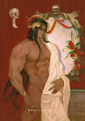 Rule 34 | artist name, bara, black hair, body jewelry, bracelet, dated, emperor of mankind, flower, ginias, gold, gold ring, halo, highres, jewelry, laurel crown, long hair, mirror, muscular, muscular male, necklace, nipples, paper, red background, red flower, red ribbon, red rose, ribbon, rose, servo-skull, signature, skull, taking off, tunic, warhammer 40k