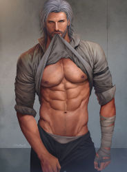 Rule 34 | 1boy, abs, absurdres, aenaluck, artist name, bandaged arm, bandages, bara, bare pectorals, beard, black pants, chest hair, clothes lift, clothes pull, facial hair, grey hair, highres, large pectorals, lifting own clothes, looking at viewer, male focus, male underwear, male underwear peek, manly, muscular, muscular male, navel, navel hair, nipples, original, pants, pants pull, pectorals, shirt lift, short hair, sleeves rolled up, solo, underwear, white male underwear