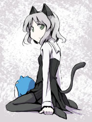 Rule 34 | 00s, 1girl, :/, akami, animal ears, bad id, bad pixiv id, black pantyhose, breasts, cat ears, cat tail, from side, frown, full body, green eyes, long sleeves, looking at viewer, looking back, miniskirt, pantyhose, parted bangs, pleated skirt, sakura akami, sanya v. litvyak, shadow, short hair, silver hair, sitting, sketch, skirt, small breasts, solo, strike witches, tail, wariza, wavy hair, world witches series