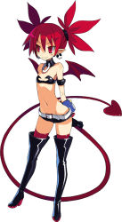 Rule 34 | black thighhighs, demon girl, demon tail, demon wings, disgaea, earrings, etna (disgaea), flat chest, full body, harada takehito, highres, jewelry, mini wings, official art, pointy ears, red hair, short shorts, shorts, simple background, skull earrings, solo, tail, thighhighs, white background, wings