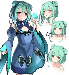 Rule 34 | 1girl, :3, absurdres, animal, animal on hand, blue bow, blue dress, blue sleeves, blush, bow, brown eyes, bug, butterfly, butterfly on hand, closed mouth, collarbone, commentary request, cropped torso, detached sleeves, double bun, dress, green hair, hair bow, hair bun, hair ornament, hand up, highres, hololive, insect, juliet sleeves, long hair, long sleeves, moyoron, multiple views, nude, parted lips, puffy sleeves, red eyes, sidelocks, simple background, skull hair ornament, sleeveless, sleeveless dress, smile, uruha rushia, uruha rushia (1st costume), virtual youtuber, white background, wide sleeves