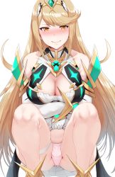 Rule 34 | 1girl, bare shoulders, blonde hair, blush, breast hold, breasts, brown eyes, cleavage, cleavage cutout, clothes lift, clothing cutout, collarbone, dress, dress lift, elbow gloves, feet out of frame, gem, gloves, headpiece, hews, highres, large breasts, long hair, looking at viewer, mythra (xenoblade), nintendo, nose blush, panties, pantyshot, pink panties, shirt lift, short dress, shoulder pads, simple background, solo, straight hair, sweat, swept bangs, thigh strap, thighs, underwear, very long hair, wavy mouth, white background, white dress, white gloves, wrist guards, xenoblade chronicles (series), xenoblade chronicles 2