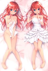 Rule 34 | 1girl, absurdres, ahoge, amedamacon, bar censor, bare shoulders, bed sheet, blue eyes, blush, breasts, censored, closed mouth, collarbone, covering privates, dakimakura (medium), dress, fingernails, flower, from above, full body, go-toubun no hanayome, hair between eyes, hair ornament, hand up, hands up, highres, large breasts, long hair, looking at viewer, lying, medium breasts, multiple views, nakano itsuki, naked towel, nipples, non-web source, nude, nude cover, on back, open mouth, pinky out, red hair, rose, scan, see-through, star (symbol), star hair ornament, strapless, strapless dress, towel, very long hair, white dress, white flower, white rose, white towel