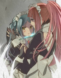 Rule 34 | 2girls, against wall, blood, blood on face, blue hair, dagger, felicia (fire emblem), fire emblem, fire emblem fates, flora (fire emblem), hand on another&#039;s hand, injury, jewelry, knife, maid, maid headdress, multiple girls, nintendo, pink hair, ponytail, rojiura-cat, shadow, siblings, sidelocks, sisters, smile, twins, weapon, yellow eyes