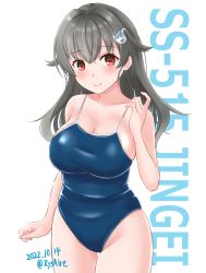 Rule 34 | 1girl, ame-san, black hair, blue one-piece swimsuit, breasts, character name, collarbone, competition school swimsuit, cowboy shot, hair down, hair ornament, highres, japan maritime self-defense force, japan self-defense force, jingei (kancolle), js jingei (kancolle), kantai collection, large breasts, long hair, military, one-piece swimsuit, red eyes, resolution mismatch, school swimsuit, smile, solo, source larger, standing, swimsuit, whale hair ornament