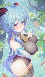 Rule 34 | 1girl, absurdres, ahoge, alternate breast size, arm under breasts, bell, blue hair, blue nails, breasts, collarbone, covered erect nipples, cowbell, detached sleeves, flower, from side, ganyu (genshin impact), genshin impact, goat horns, highres, horns, large breasts, leotard, lily pad, long hair, looking at viewer, looking to the side, low ponytail, meisansan, navel, neck bell, parted lips, purple eyes, see-through, solo, thighhighs, very long hair, wading, water