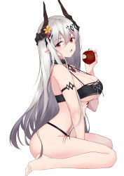 Rule 34 | 1girl, absurdres, arknights, armlet, bare legs, bare shoulders, barefoot, between legs, bikini, black bikini, breasts, cleavage, collarbone, flower, food, from side, fruit, full body, hair flower, hair ornament, hand between legs, highres, holding, holding food, holding fruit, horns, infection monitor (arknights), jewelry, large breasts, long hair, looking at viewer, looking to the side, material growth, mudrock (arknights), mudrock (silent night) (arknights), necklace, official alternate costume, open mouth, oripathy lesion (arknights), red eyes, silver hair, simple background, sitting, solo, swimsuit, underboob, useless (102960190014), very long hair, wariza, yellow flower
