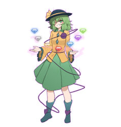 Rule 34 | 1girl, aura, black hat, blue footwear, blue gemstone, boots, chaos emerald, collared shirt, commentary, dress shirt, english commentary, frilled sleeves, frills, full body, gem, green eyes, green gemstone, green hair, green skirt, grey gemstone, grin, hat, heart, highres, komeiji koishi, long sleeves, looking at viewer, mata (matasoup), pleated skirt, purple gemstone, red gemstone, shirt, simple background, skirt, smile, solo, sonic (series), standing, third eye, touhou, white background, wide sleeves, yellow gemstone, yellow shirt