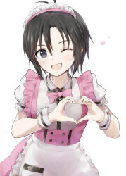 Rule 34 | 1girl, :d, antenna hair, apron, black eyes, black hair, blush, bow, bowtie, commentary, cowboy shot, dress, frilled apron, frilled dress, frilled headwear, frills, hair between eyes, hairband, heart, heart hands, idolmaster, idolmaster (classic), kikuchi makoto, light blush, looking at viewer, maid, maid headdress, mogskg, one eye closed, open mouth, pink bow, pink bowtie, pink dress, pink hairband, plaid, puffy short sleeves, puffy sleeves, short hair, short sleeves, simple background, smile, solo, standing, two-tone dress, very short hair, waist apron, waitress, white background, white dress, wrist cuffs
