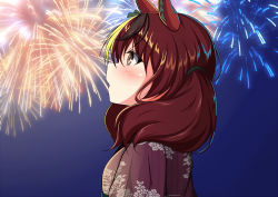 Rule 34 | 1girl, aerial fireworks, animal ears, black hair, blush, brown eyes, brown hair, brown kimono, commentary request, fireworks, from side, hair between eyes, horse ears, japanese clothes, kimono, long hair, looking away, multicolored hair, nice nature (umamusume), open mouth, profile, solo, sonosakiburi, streaked hair, umamusume, upper body