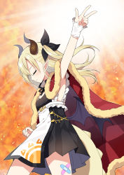 Rule 34 | 1girl, apron, arm up, armpit peek, black dress, black ribbon, black wings, blonde hair, blush, breasts, checkered cloak, cloak, closed eyes, closed mouth, crossed bandaids, dress, frilled apron, frills, fur-trimmed cloak, fur trim, hair between eyes, hair ribbon, horns, indie virtual youtuber, long hair, low wings, mauve, nivr (vtuber), pleated dress, pointy ears, red cloak, ribbon, small breasts, solo, two side up, virtual youtuber, w, white apron, wings, wrist cuffs