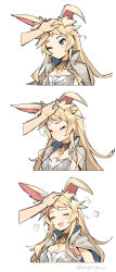 Rule 34 | 1girl, 1other, 3koma, animal ear fluff, animal ears, blonde hair, blue eyes, blush, cape, collared cape, comic, commentary request, doodle, dragalia lost, eleonora (dragalia lost), ge-b, headpat, highres, long hair, rabbit ears, rabbit girl, sidelocks, smile, solo focus, upper body, very long hair, white cape