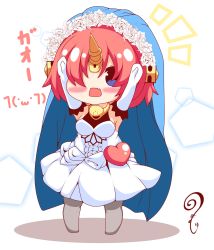 Rule 34 | 1girl, absurdres, arms up, bare shoulders, blue eyes, blush stickers, breasts, chibi, commentary request, dress, elbow gloves, fang, fate/apocrypha, fate (series), flower, frankenstein&#039;s monster (fate), full body, gloves, grey pantyhose, hair flower, hair ornament, hair over one eye, highres, horns, kurukurumagical, medium breasts, notice lines, open mouth, pantyhose, pink hair, pleated dress, rose, shadow, single horn, solo, standing, translation request, veil, white background, white dress, white flower, white gloves, white rose
