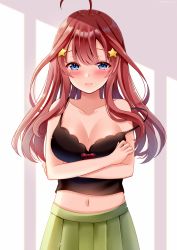 Rule 34 | 1girl, ahoge, arms under breasts, bare shoulders, black camisole, blue eyes, blush, breast hold, breasts, camisole, cleavage, closed mouth, collarbone, commentary request, go-toubun no hanayome, green skirt, hair between eyes, hair ornament, long hair, medium breasts, midriff, nakano itsuki, navel, pleated skirt, red hair, sakura hiyori, skirt, solo, star (symbol), star hair ornament, strap slip