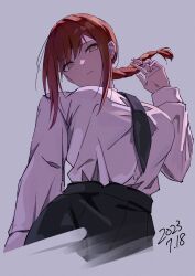 Rule 34 | 1girl, black necktie, black pants, braid, braided ponytail, breasts, chainsaw man, collared shirt, dated, grey background, highres, komura hiroto, large breasts, looking at viewer, makima (chainsaw man), medium hair, necktie, pants, red hair, ringed eyes, shirt, shirt tucked in, sidelocks, simple background, solo, white shirt, yellow eyes