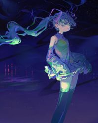 Rule 34 | 1girl, dark, detached sleeves, floating hair, green hair, hatsune miku, headphones, mawarusanso, miniskirt, necktie, parted lips, skirt, sleeveless, solo, thighhighs, twintails, vocaloid, wide sleeves