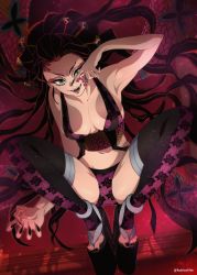 Rule 34 | 1girl, armpits, bare arms, bare shoulders, black hair, black nails, black thighhighs, breasts, claw pose, cleavage, collarbone, daki (kimetsu no yaiba), dalc rose, eyebrows, eyelashes, facial mark, fangs, female focus, fingernails, floating hair, full body, geta, green eyes, hair ornament, hair pulled back, hair stick, hand over eye, hand up, highres, japanese clothes, kimetsu no yaiba, lace, lace legwear, lace panties, large breasts, light particles, lips, long fingernails, long hair, looking at viewer, midriff, nail polish, navel, obi, open mouth, panties, platform clogs, pointing, purple panties, revealing clothes, sash, shadow, sharp fingernails, smile, solo, squatting, teeth, text in eyes, thighhighs, toeless legwear, toenail polish, toenails, underwear, very long hair