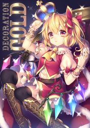 Rule 34 | 1girl, black thighhighs, blonde hair, boots, bow, crown, flandre scarlet, gold, hair bow, highres, knee boots, looking at viewer, masaru.jp, orange eyes, short hair, side ponytail, skirt, solo, thighhighs, touhou, wings, wrist cuffs