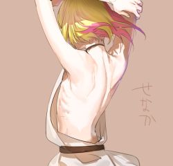 Rule 34 | 1boy, androgynous, arms up, back, back focus, bad id, bad twitter id, bare back, bare shoulders, blonde hair, collar, erubo, from behind, male focus, multicolored hair, original, pink hair, short hair, simple background, solo, split-color hair, theodor bachstein, trap
