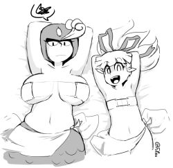 Rule 34 | 2girls, age difference, armpits, arms behind back, bed, belly, bikini, bikini top only, breasts, expressionless, flat chest, fupoo, greyscale, happy, large breasts, loincloth, looking at viewer, lying, mega man (classic), mega man (series), mega man 9, mermaid, midriff, monochrome, monster girl, multiple girls, navel, open mouth, plump, roll (mega man), smile, splash woman, squiggle, swimsuit