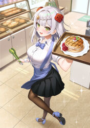 Rule 34 | 1girl, :d, absurdres, alternate costume, bakery, black skirt, blush, braid, breasts, cake, flower, food, genshin impact, green eyes, grey hair, hair flower, hair ornament, highres, holding, holding tray, looking at viewer, medium breasts, no-ba, noelle (genshin impact), open mouth, pantyhose, rose, shirt, shop, short hair, short sleeves, skirt, smile, solo, tray, white shirt