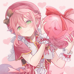 Rule 34 | 1boy, :3, androgynous, blush, clothing request, ensemble stars!, green eyes, hat, heart, highres, himemiya tori, looking at viewer, lueca, male focus, pink background, pink hair, pink theme, short sleeves, solo