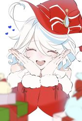 Rule 34 | ahoge, bare shoulders, christmas, curly hair, fur-trimmed sleeves, fur trim, furina (genshin impact), genshin impact, gift, hands on own cheeks, hands on own face, happy, hat, hat ribbon, heart, jewelry, puffy sleeves, ribbon, santa hat, short hair, siro 50, smile, white background, white hair