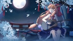Rule 34 | 1girl, blue ribbon, blue skirt, bow, bowtie, chain, cherry blossoms, commentary, cube, cup, feet out of frame, full moon, gourd, guitar, hair bow, highres, holding, holding instrument, horn bow, horn ornament, horns, ibuki suika, instrument, long hair, looking up, low ponytail, moon, music, night, night sky, oni horns, orange eyes, orange hair, playing instrument, red bow, red bowtie, ribbon, ribbon-trimmed skirt, ribbon trim, sakazuki, shirt, single sidelock, skirt, sky, sleeveless, sleeveless shirt, solo, star (sky), starry sky, torii, touhou, tree, very long hair, white bow, white shirt, wrist cuffs, yado sakura